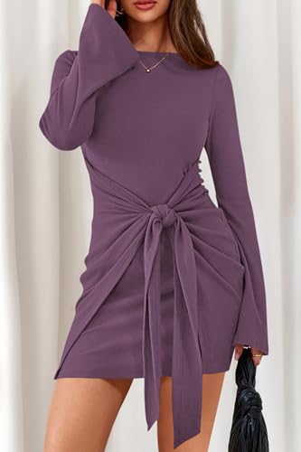 dowerme Women's Casual Mini Dress 2026 Bell Long Sleeve Boat Neck Tie Waist Bodycon Dresses Knitted Party Fall Outfits(Purple,Medium) — view 4