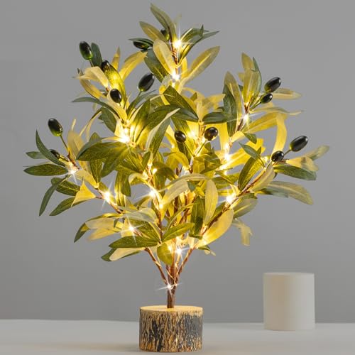 Gudegou Lighted Tabletop Olive Tree, Artificial Greenery Tree Indoor 19IN 49 Warm White Led with...