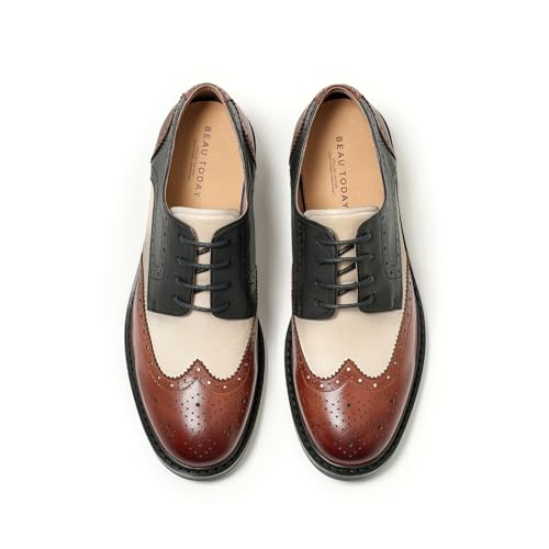 Image of BEAU TODAY Oxford Shoes for Women,Leather Brogue Dress Shoes,Comfort Brethable Ladies Lace-up Handmade Wingtip Shoes for Business Work