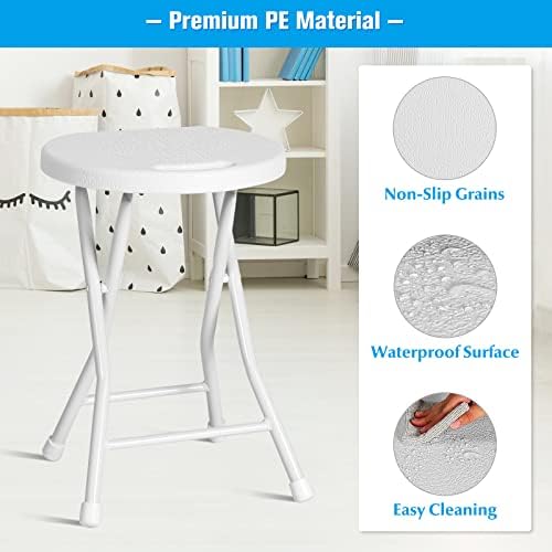 COSTWAY Set of 2/4 Folding Stool Seat, 150kg Capacity Plastic Portable Kitchen Bar Stool with Built-in Handle & Non-slip Foot Pads, Indoor Outdoor Weather Resistant Camping Chair (4 Pcs, White)
