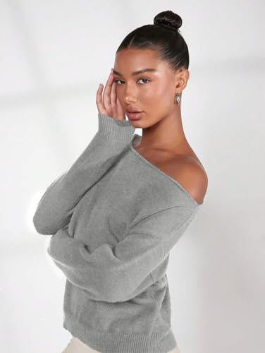 Image of SKAYS Off The Shoulder Sweater Women, Shoulder Slouchy Knit Pullover, Solid Asymmetrical Neck Drop Shoulder Sweater