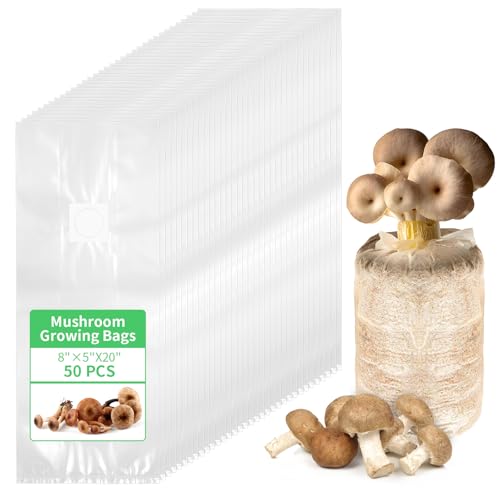 Tobeelec 50 Pcs Mushroom Growing Bag, Autoclavable Mushroom Growing Bag with Filter Patchs, 6 Mil Thick Mushroom Spawn Bags Autoclavable Bags 8"x20" Mushroom Grow Kit Filter Grow Kit
