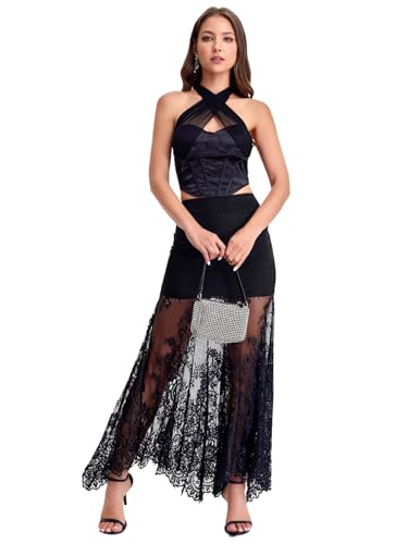 Women's Floral Lace Maxi Skirt Sheer Mesh High Waisted Fishtail Skirts4