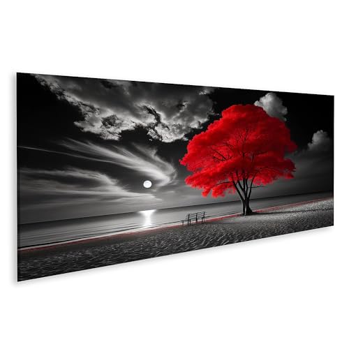 islandburner Quadro su tela Albero Rosso su una spiaggia illuminata dalla luna in bianco e nero quadri murali Poster