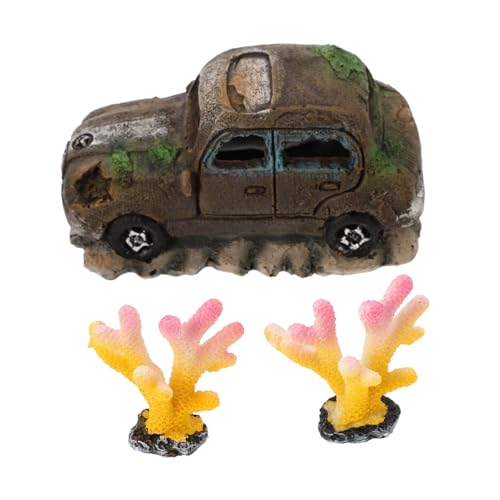 Milisten 3個 水槽造園車 大きな水族館の装飾 砂 植物の装飾 車の水槽 戦車 しっぽ 水族館ボートの装飾 水槽の装飾 水族館のクラシックカー 水槽のサンゴ 水族館アクセサリー 人工珊瑚 樹脂