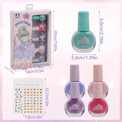 Rundago 7 pcs Kids Nail Polish Set, 5 Colours Non-toxic Odourless Peel Off Aqua Nail Polish Quick Dry with Nail Butterfly Sticker, Nail Polish Gift Kit for Girls 6-12 Years Kids - Image 2