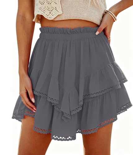 Aoudery Flowy Shorts for Women Casual Boho Ruffled Tiered Skort Crochet Mini Skirt Country Concert Western Cowgirl Outfit - Gray XXL