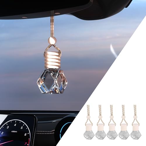 Couslcd 5PCS Hanging Car Air Freshener, Auto Interior Decoration 8 ml Oil Diffuser Perfume Aromatherapy Pendant Empty Glass Bottle, Fragrance Ornament with Vent Clip Wooden Cap and Rope (5, Rhombic)