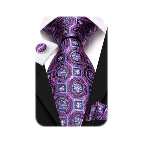 Image of Dubulle Mens Paisley Floral Silk Tie for Men Striped Necktie and Pocket Square Cufflinks Set Wedding Business