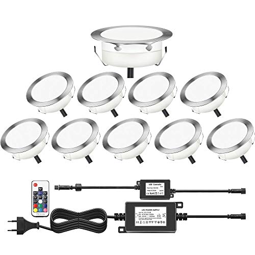 Lot de 10 LED Spot Extérieur Encastrable Lumière de Terrasse Escalier Piscine Enterré Plafonnier, RSWLED LED Encastrable Lampe DC12V IP67 Etanche (RGB/Wifi - 10pcs, Φ80mm)