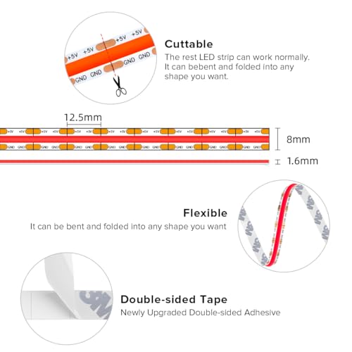 Image of BTF-LIGHTING 5V USB Red Color COB LED Strip Lights Super Bright Dimmable LED Tape Light,9.8FT 320LEDs Flexible Light Strip with Strong 3M Tape for 3D Printer,TV Backlight,Cabinet,Home Lighting