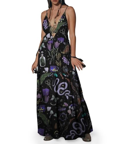 Womens Summer Dresses Mystical Gothic Maxi Dress Women's Casual Floral Sundresses V Neck Sleeveless Outfits