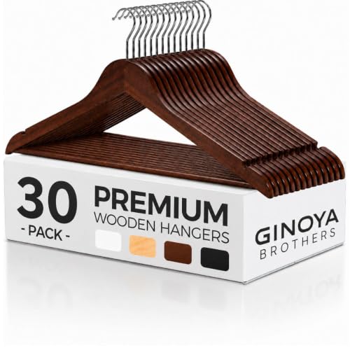 Image of GINOYA BROTHERS Walnut Wooden Suit Hangers 24 Pack with Non Slip Pants Bar - Smooth Finish Solid Wood Coat Hanger for Camisole, Jacket, Pant, Dress Clothes Hangers (Walnut: 30)