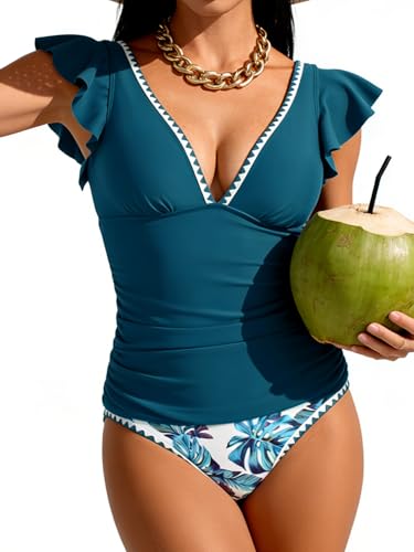 Image of Aidonger Women's Tankini Swimsuit Tummy Control Ruffle Two Piece Bathing Suit V Neck Ruched Swimwear with Bottom