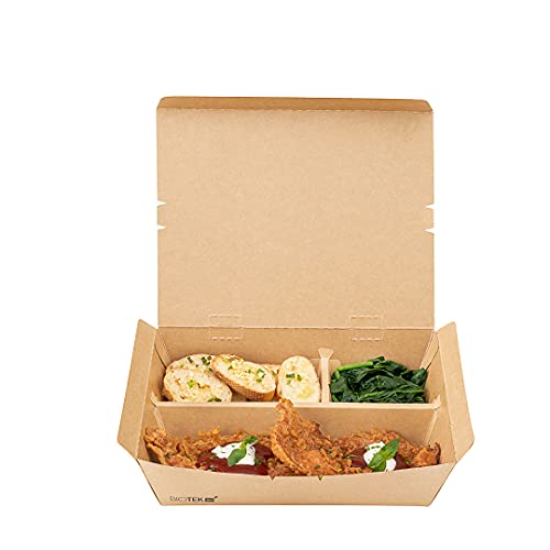 Restaurantware Bio Tek 50.7 Ounce To Go Boxes, 100 Disposable Bento Boxes - 3 Compartments, Tab Lock Closure, Kraft Paper Take Out Boxes, Serve Hot And Cold Foods, For Restaurants Or Parties #TOP3