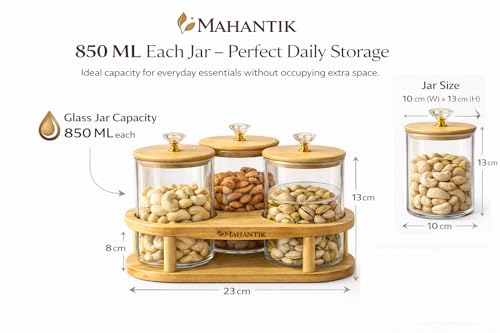 Image of 850ml Glass Storage Jar Set of 3 with Bamboo Stand & Wooden Lids | Airtight Kitchen Containers for Cookies, Dry Fruits, Snacks, Tea, Coffee | Countertop Organizer