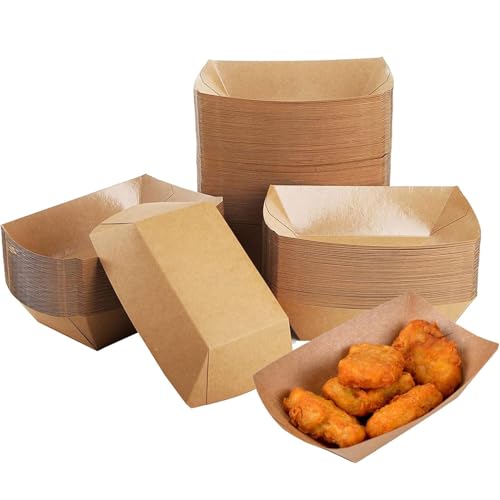 Pack of 100 Disposable Kraft Paper Food Trays,Take Out Food Serving Boats Baskets Trays for Party Snacks French Fries Nachos Hot Dogs Tacos BBQ (Brown)