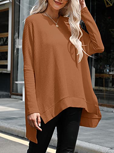 Anrabess Women Crewneck Batwing Long Sleeves High Low Hem Side Slit Casual Waffle Knit Tunic Shirt A138Jiaotang-L Caramel #TOP1