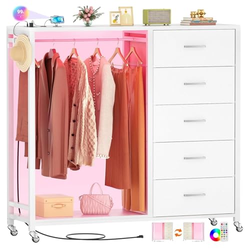 iSunirm Armario de 5 Cajones, Cómoda para Dormitorio con Perchero, Cómoda 2 en 1 para Dormitorio con Luces LED y Estación de Carga,Blanco