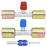 2PCS Air Conditioning AC Fitting Set，#8#10 180°Stright A/C Hose Adapter, Aluminum Air Conditioning Hose Fittings with R134a Pressure Valve(Red-High,Blue-Low)