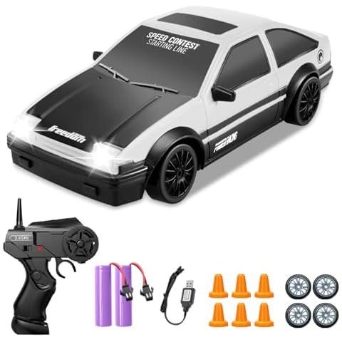 YUAN PLAN RC Cars Remote Control Car, 1/24 2.4GHz 4WD Drift Car High Speed RC Cars Racing Cars with Cool Lights, Two Rechargeable Batteries and Extra Tires Toy Car for Kids Boys Adults Cover