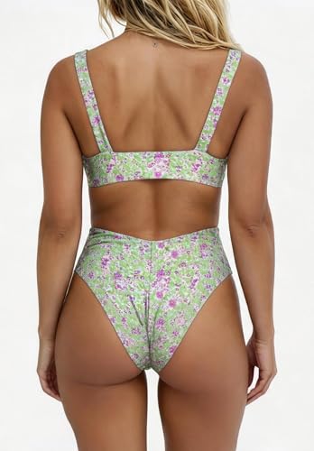 Image of geluboao Bikini Set for Women Solid V Neck Knot Front Push Up High Leg Thong Two Piece Swimsuit