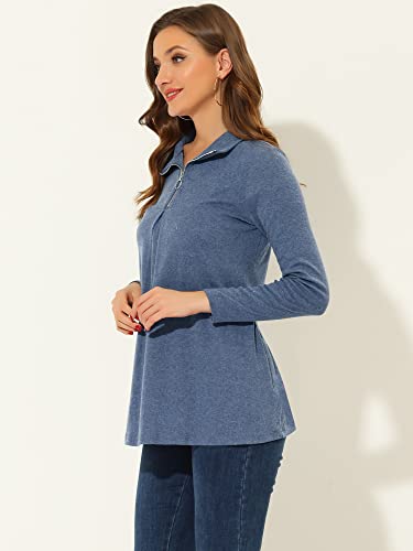 Allegra K Women's Swing Blouse Mock Neck Long Sleeve Zip Up Tunic Top Large Grey Blue #TOP2