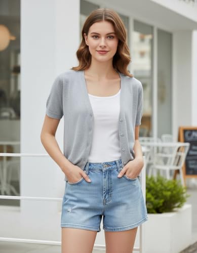 Image of GRACE KARIN Women Short Sleeve Cardigan, 2026 Summer Knitted Sweater Tops, Basic Crew Neck Crop Outfits