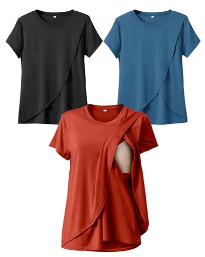 Image of Rnxrbb Small Summer Nursing Tops for Breastfeeding T Shirts Short Sleeve Postpartum Clothes Sets 3 Pack