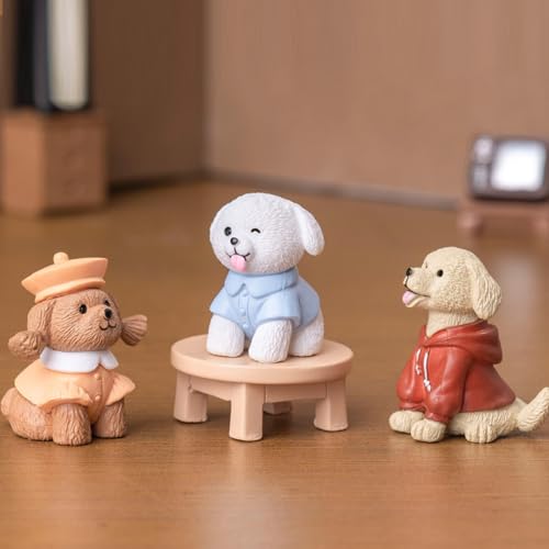KARLOR Mini Hunde Figuren Set, 6 Stück Welpen Figur, modische Welpen in süßer Kleidung,Teddy Golden Retriever Bichon Malteser Haustiere Figur Tier-Ornamente Sammlungsstück Geschenk Desktop Deko