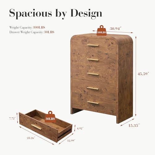 Image of Curved 5-Drawer Dresser for Bedroom, 45.59 inch Tall Modern Chest of Drawers, Wooden Chest of Drawers for Living Room, Closet Storage Organizer Furniture, Nursery, Hallway, Dark Burl