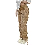 Viatabuna High Waisted Cargo Pants for Women Baggy Y2k Straight Wide Leg Pants with Pockets Streetwear A-Khaki