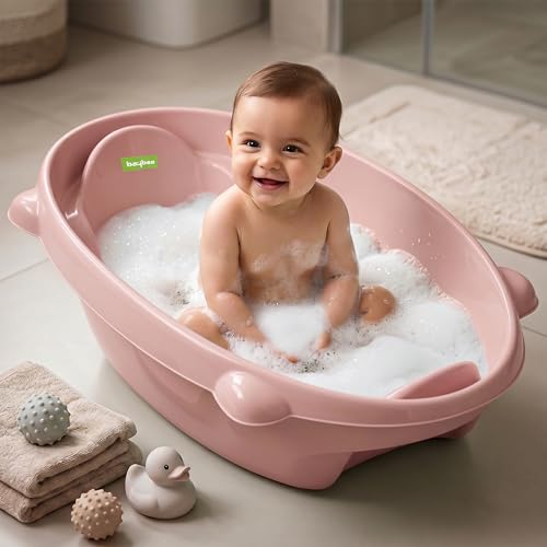 Image of Baybee AquaHug Baby Bath Tub for 0 to 5 Years | Ergonomic Bath Tub for Kids with Anti-Slip Base & Quick Drains | Sitting & Lying Babies Bather & Baby Bathing Tub for Boys Girls (Pink)