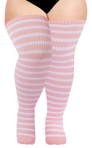 Image of Moon Wood Plus Size Thigh High Socks for Women Knit Cotton Extra Long Striped Over the Knee High Socks Leg Warmers