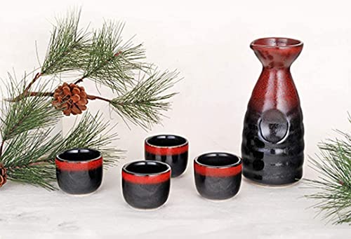 Happy Sales 5 Piece Ceramic Sake Set - Red & Black #TOP1