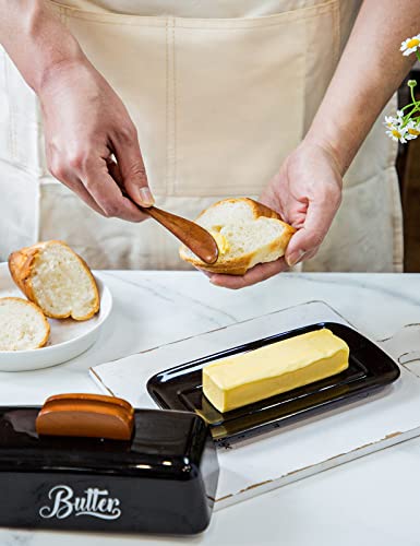 Butter Dish with Lid and Knife Ceramic Butter Holder for Counter Humanized Clamp-able Knife Handle Design, Perfect for East West Coast Butter, Black - Thumbnail 5