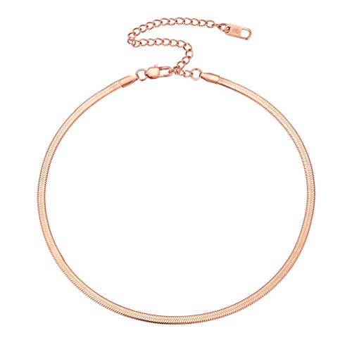 PROSTEEL 3mm/5mm Herringbone Choker Necklace for Women, 12.5"/15"/18", Stainless Steel/Sterling Silver Flat Snake Chain in Silver/Yellow Gold/Rose Gol