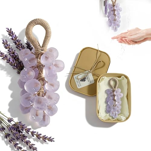 SHLLON Grape Soap on a Rope Handmade Grapes Cluster Shaped Soap Bar Decorative Hanging Bath Soap with Lasting Fragrance Cold Process Artisan Gift for Home Decor(Lavender Scent)