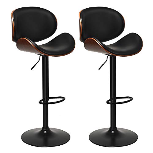Costway Bar Stools Set Of 2, Adjustable Swivel Barstools With Back, 360 Degree Seat, Pu Leather And Curved Footrest, Dining Chairs W/ Large Iron Base For Kitchen, Counter, Bar, Black #TOP22