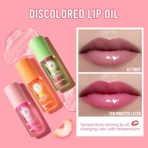 Hydrating Lip Oil Set,3 PC Mini Lip Gloss Set Magic Colour Changing Long Lasting Lipgloss,Lip Balm Fruit-Flavored Lip Care Kit, Aloe Vera/Peach/Honey - Image 3