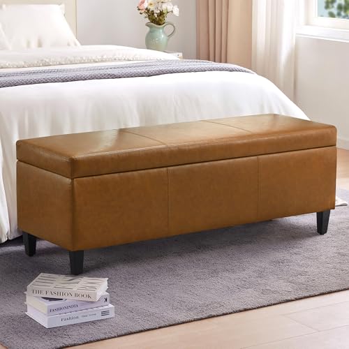 Image of HUIMO Faux Leather Storage Ottoman Bench 50.3 Inch Extra Long PU Upholstered Bedroom Bench with Large Storage Space for The Living Room, Entryway, Bedroom Hold Up to 300lbs (Light Brown)