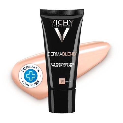 Vichy Dermablend, Teint-korrigierendes Make-up, Foundation bei empfindlicher und unreiner Haut, Ohne Maskeneffekt, Parfümfrei, Farbton: 30 beige, 30 ml