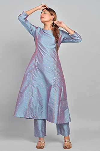 Image of Riara Art Silk Women Long Anarkali Kurti with Pant Polka Dot A-line Ladies Ethnic Wear Dress