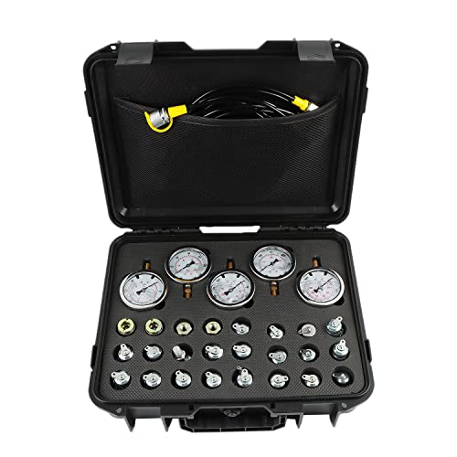 Image of Hydraulic Pressure Test Kit with 5 Gauges, 10 /100 /250 /400 /600bar, 24 Couplings 4 Test Hoses Pressure Gauge Set for Excavator Construction Machinery