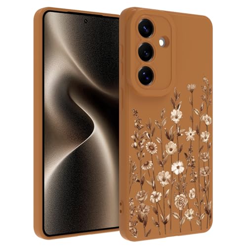 Image of Designed for Samsung Galaxy S26 Case for Women, Brown Floral | Cute Flower Pattern Liquid Silicone Phone Case [Full Camera Protection] Slim Soft TPU Protective Cover