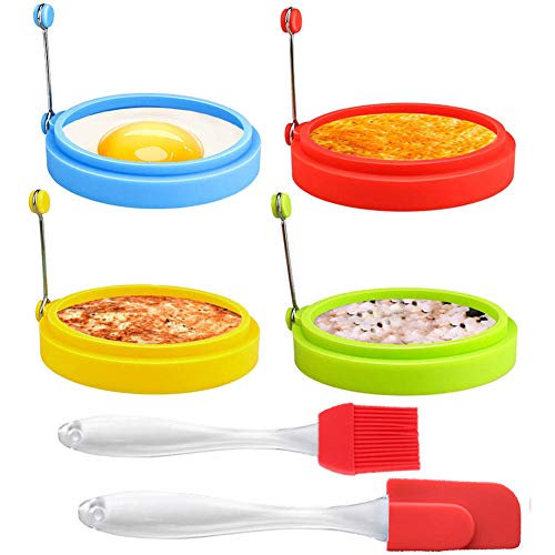 Egg Ring Yubng New Egg Ring 4-Pk Silicone Egg Rings Fried Egg Mold Pancakes Maker Molds for Frying Eggs with Free Silicone Brush and Egg Spatula