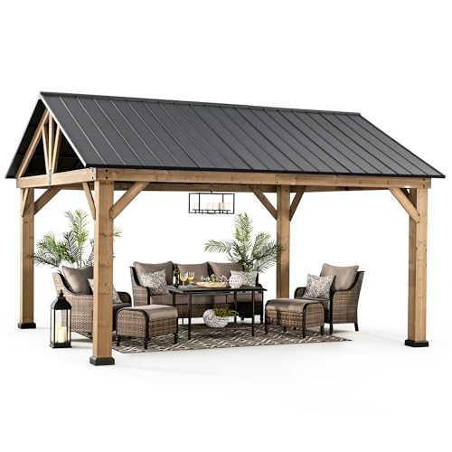 Sunjoy Wood Gazebo 13 x 15 ft Outdoor Patio Premium Cedar Frame Gazebos with Matte Black Steel Gable Hardtop Roof for Garden Backyard Shade Black Roof Natural Wood Frame