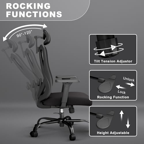 Image of Ergonomic Office Chair with Adjustable Lumbar Support, High Back Mesh Computer Desk Chairs with Armrest and 3D Headrest, 360 Swivel Wheels and Rocking Function, for Home, Office, Black