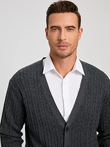 Kallspin Men's Cardigan Sweater Cashmere Wool Blend Cable Knit V Neck Buttons Cardigan With Pockets(Charcoal, 2X-Large) #TOP3
