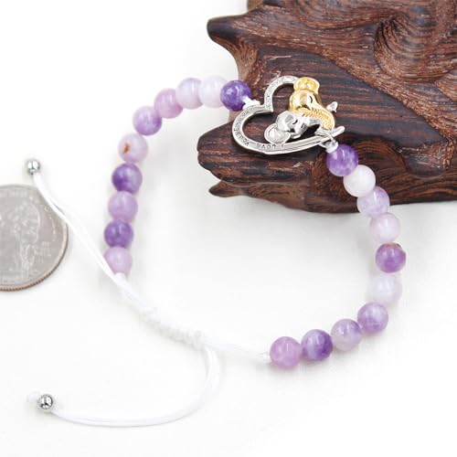 Image of Double Elephant Heart Charm Natural Crystal Bracelet, Treatment Stone Bracelet Calm Stretch Bracelet Women's Stress Relief Gift for Moms I Love You Couple Jewelry